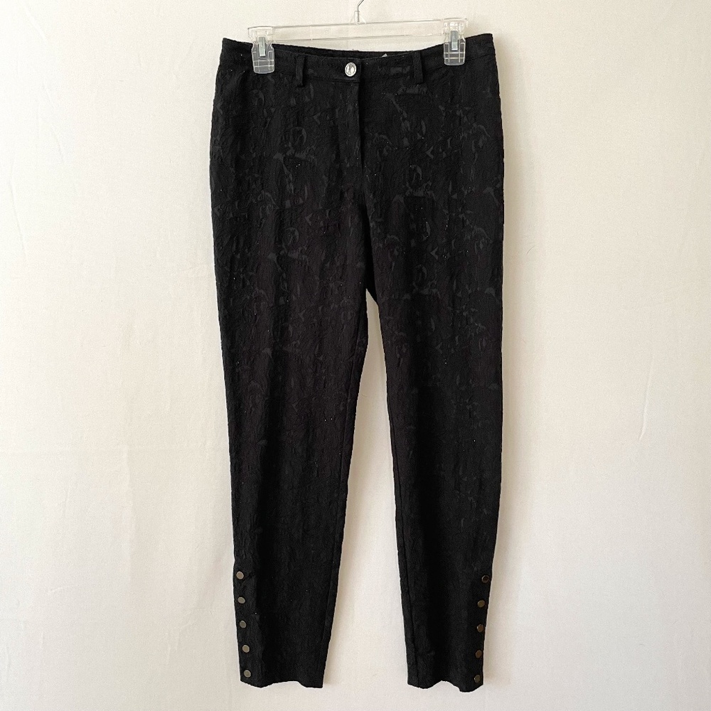 BIANCA NYGARD Size 6 Embroidered Black on Black Snap Detail Ankle Pants Sparkly